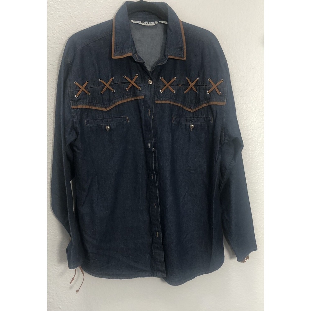 VTG Red Rover Women's Blue Denim Top w/Faux Leather Trim - Size Medium‎